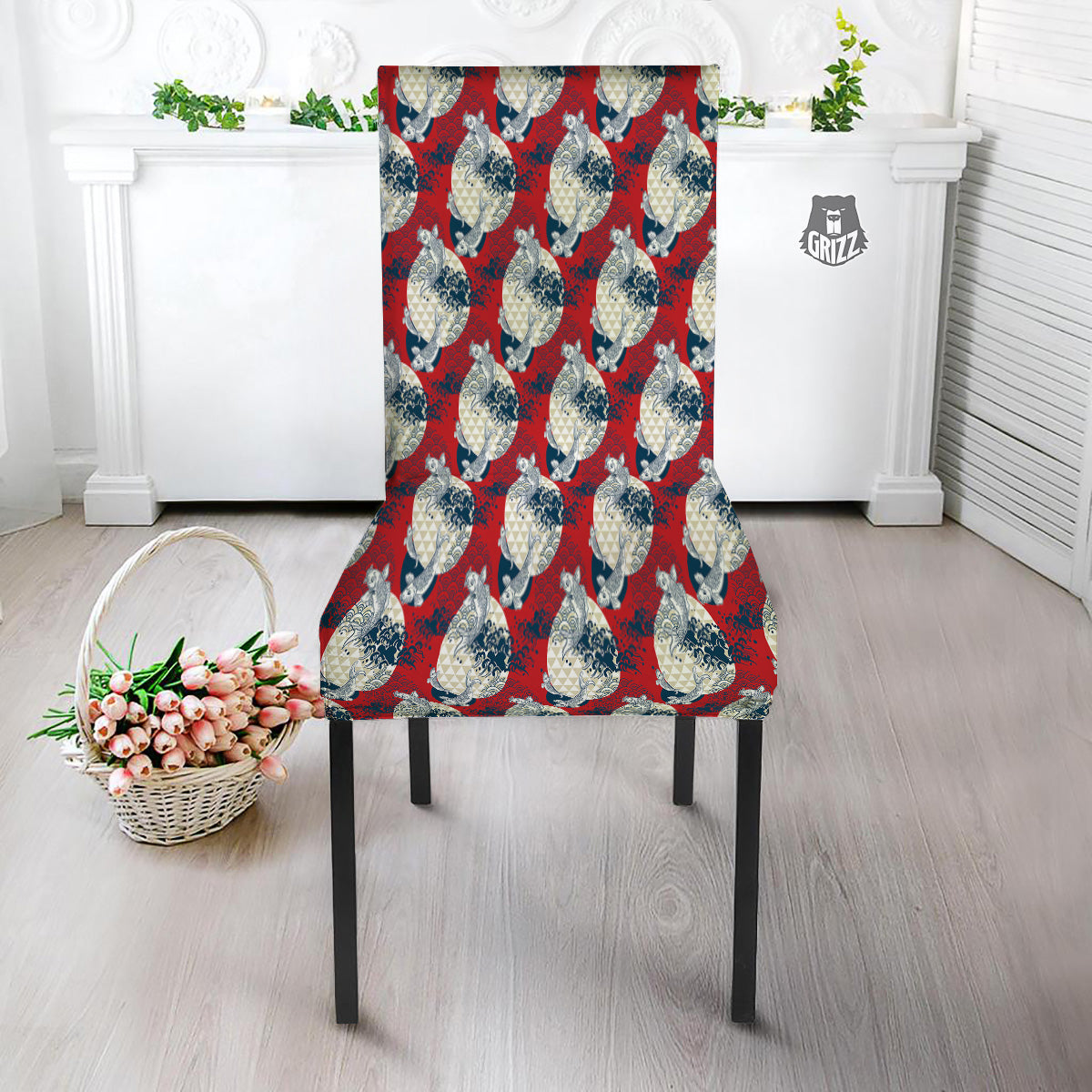 Koi Fish Japanese Wave Print Pattern Dining Chair Slipcover-grizzshop
