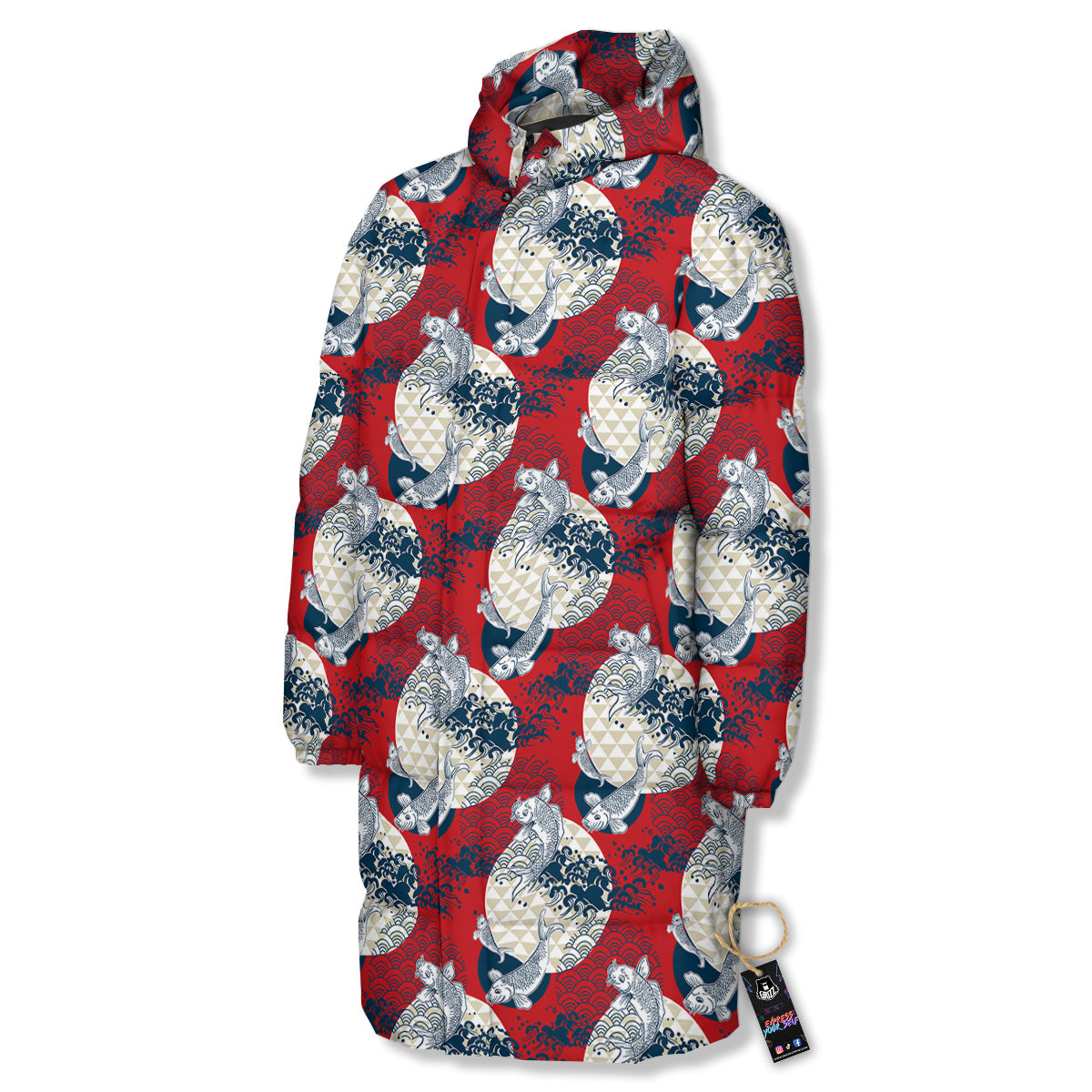 Koi Fish Japanese Wave Print Pattern Long Down Jacket-grizzshop