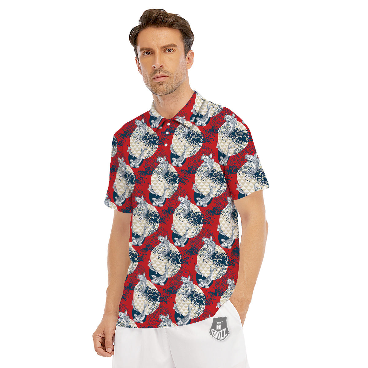 Koi Fish Japanese Wave Print Pattern Men's Golf Shirts-grizzshop
