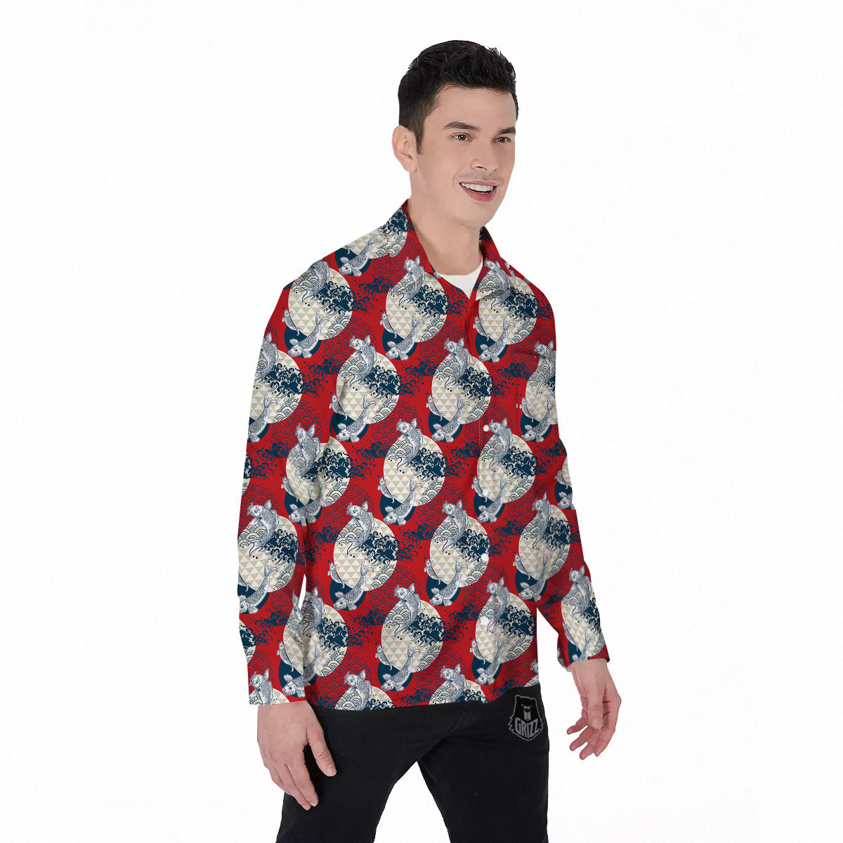 Koi Fish Japanese Wave Print Pattern Men's Long Sleeve Shirts-grizzshop