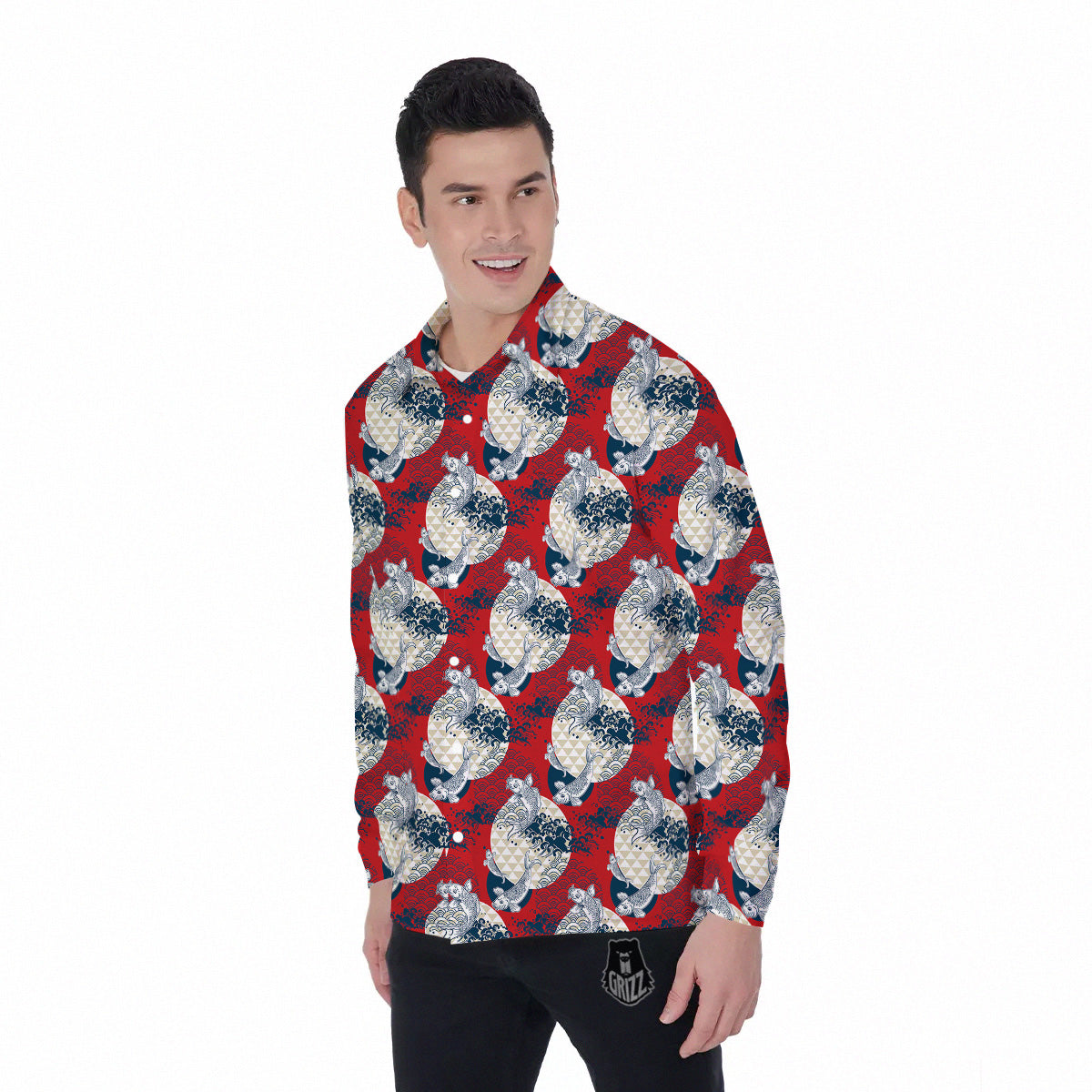 Koi Fish Japanese Wave Print Pattern Men's Long Sleeve Shirts-grizzshop