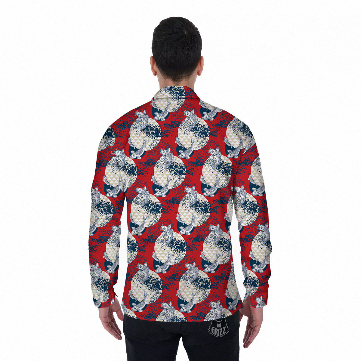 Koi Fish Japanese Wave Print Pattern Men's Long Sleeve Shirts-grizzshop