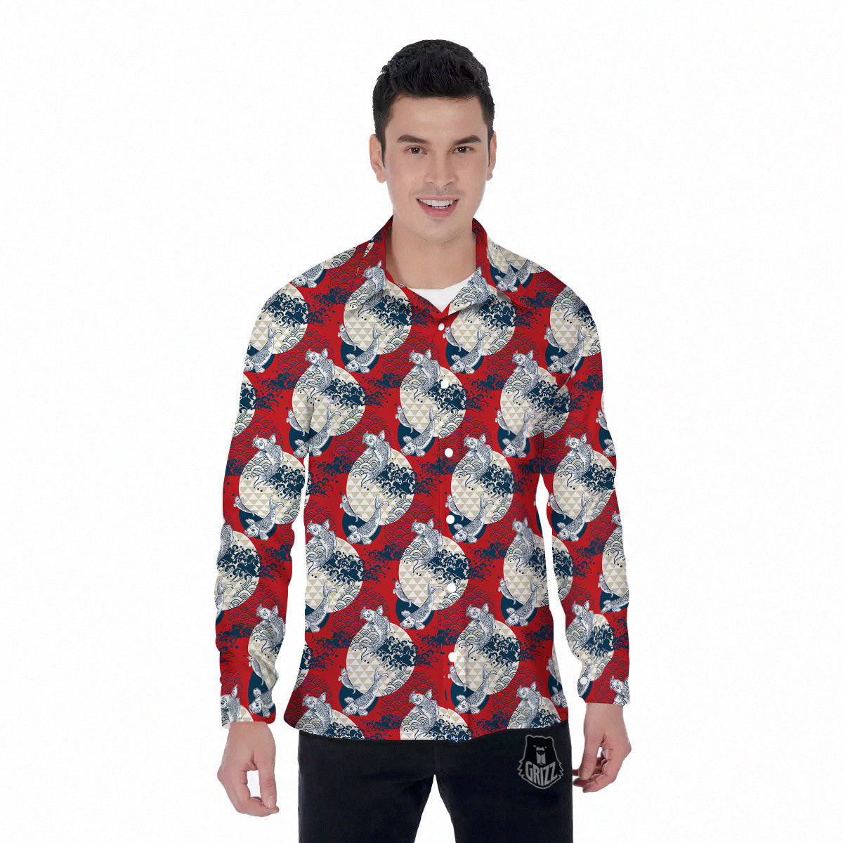 Koi Fish Japanese Wave Print Pattern Men's Long Sleeve Shirts-grizzshop