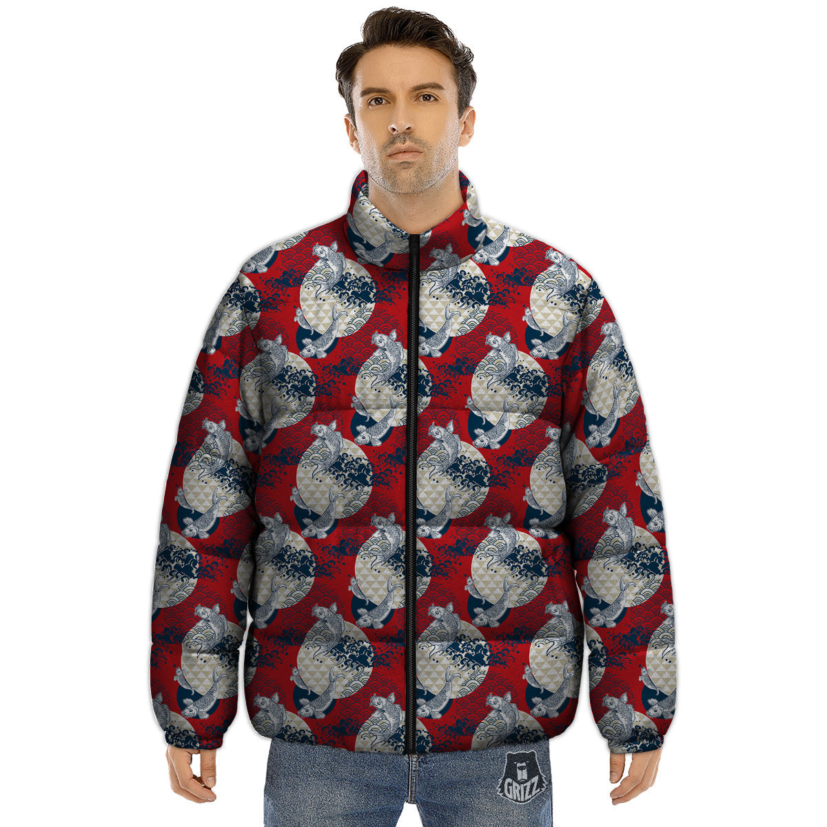 Koi Fish Japanese Wave Print Pattern Puffer Jacket-grizzshop