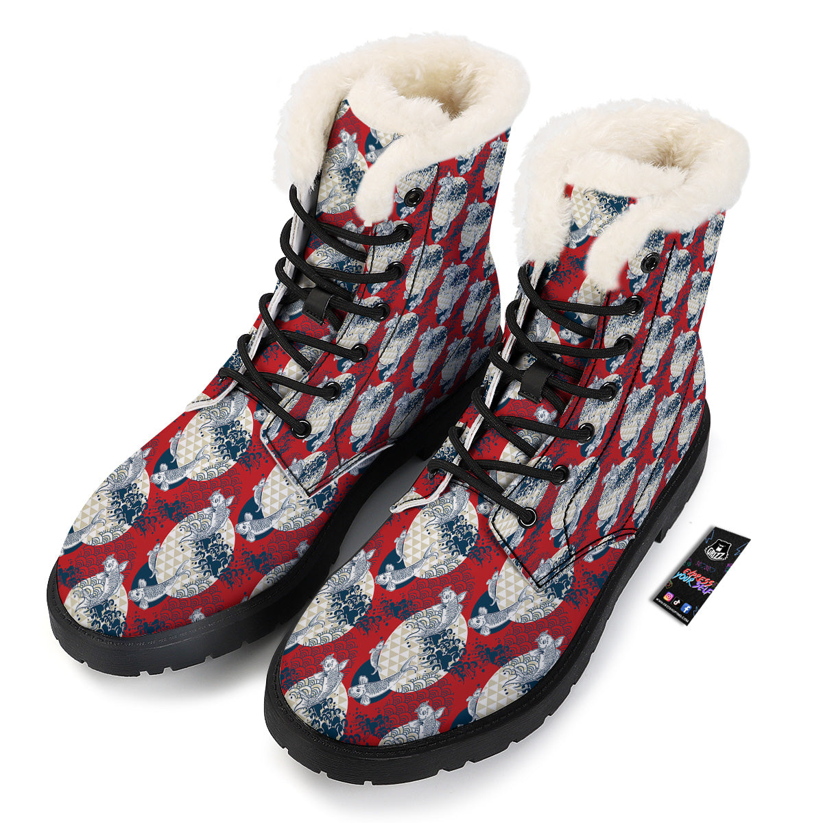 Koi Fish Japanese Wave Print Pattern Winter Boots-grizzshop