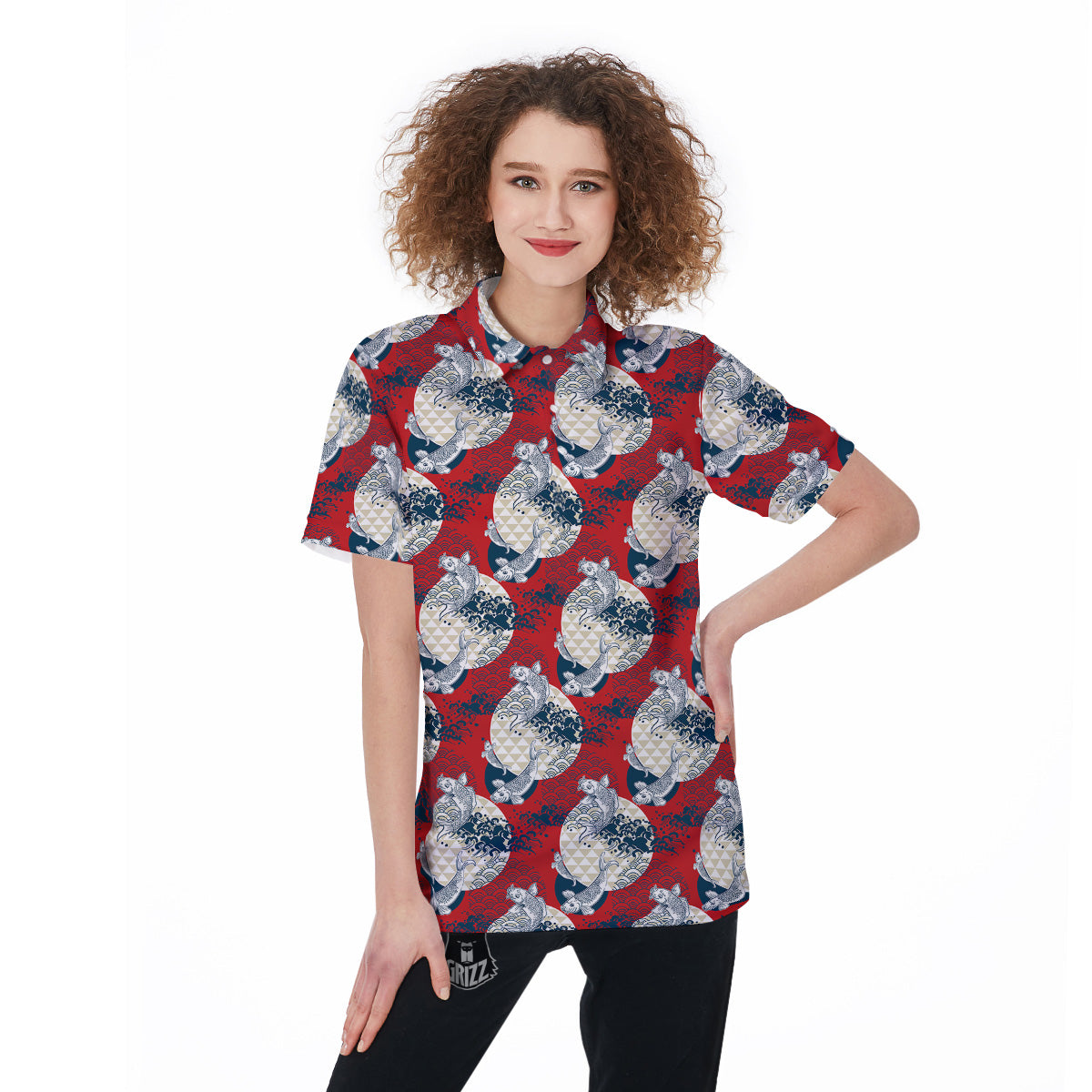 Koi Fish Japanese Wave Print Pattern Women's Golf Shirts-grizzshop