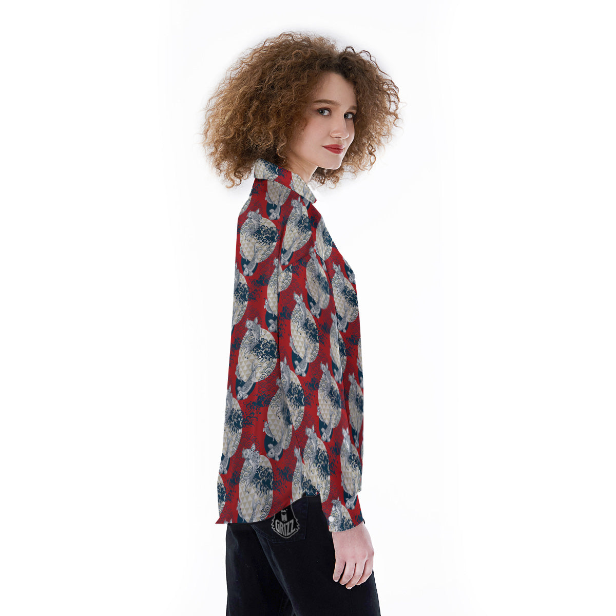 Koi Fish Japanese Wave Print Pattern Women's Long Sleeve Shirts-grizzshop