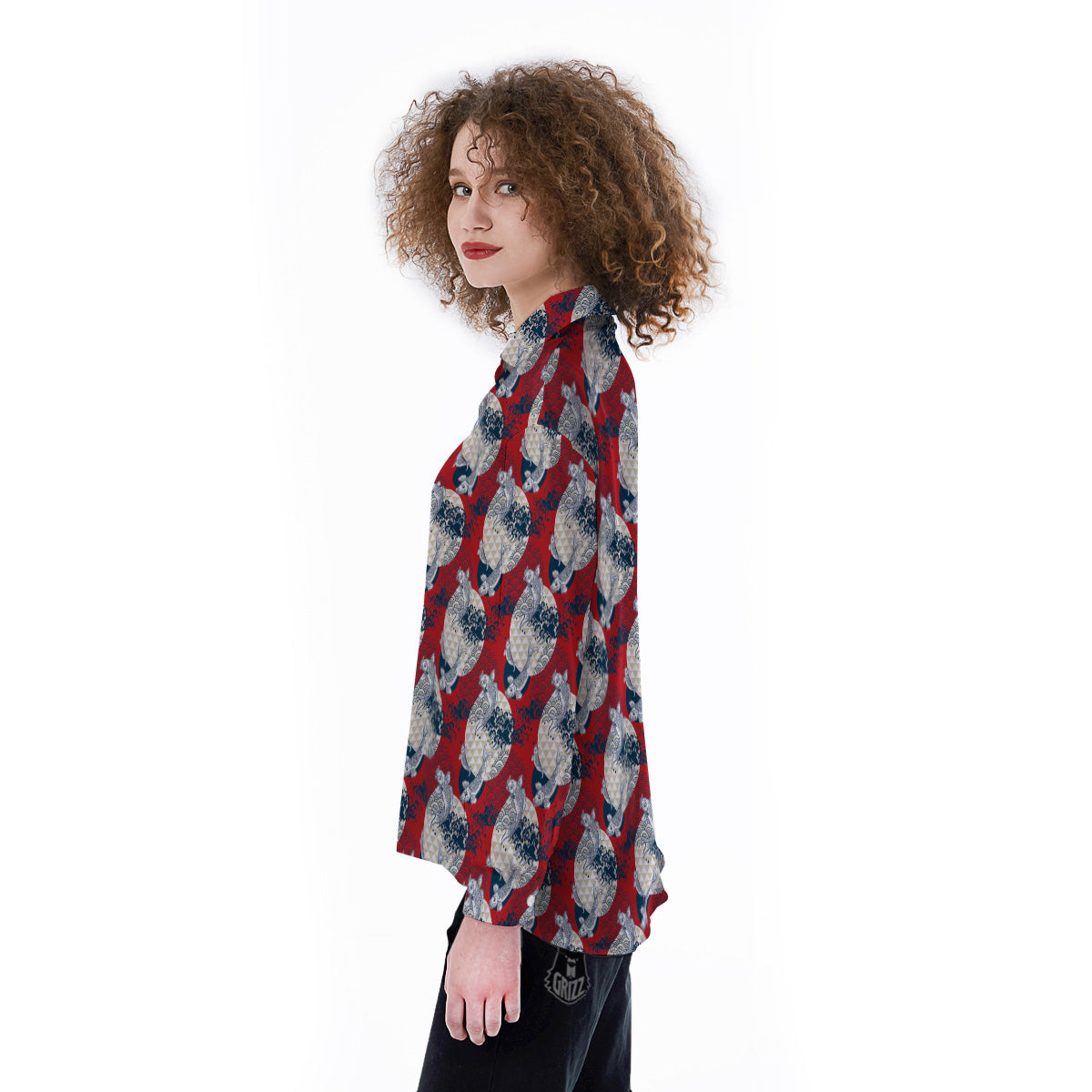 Koi Fish Japanese Wave Print Pattern Women's Long Sleeve Shirts-grizzshop
