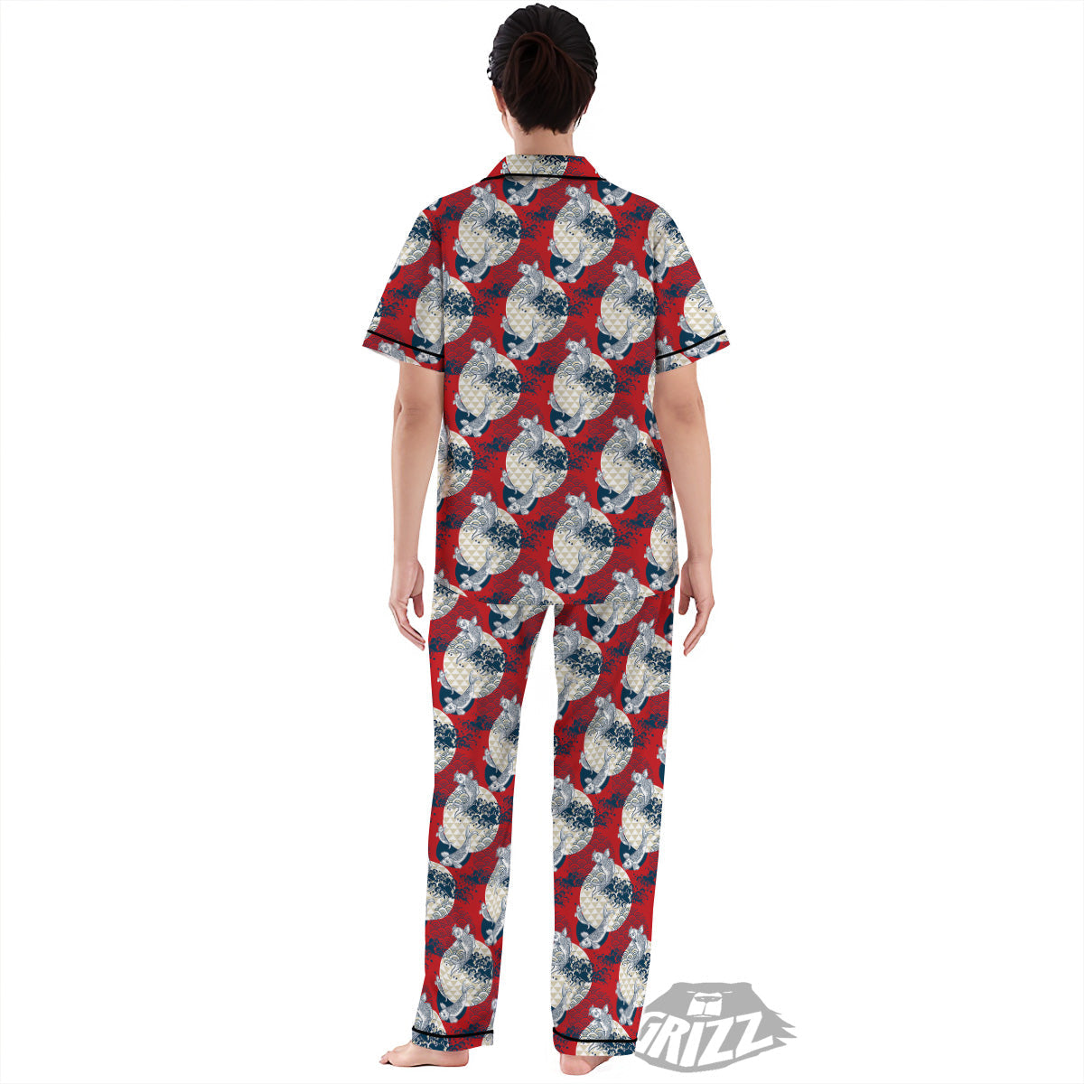 Koi Fish Japanese Wave Print Pattern Women's Pajamas Set-grizzshop