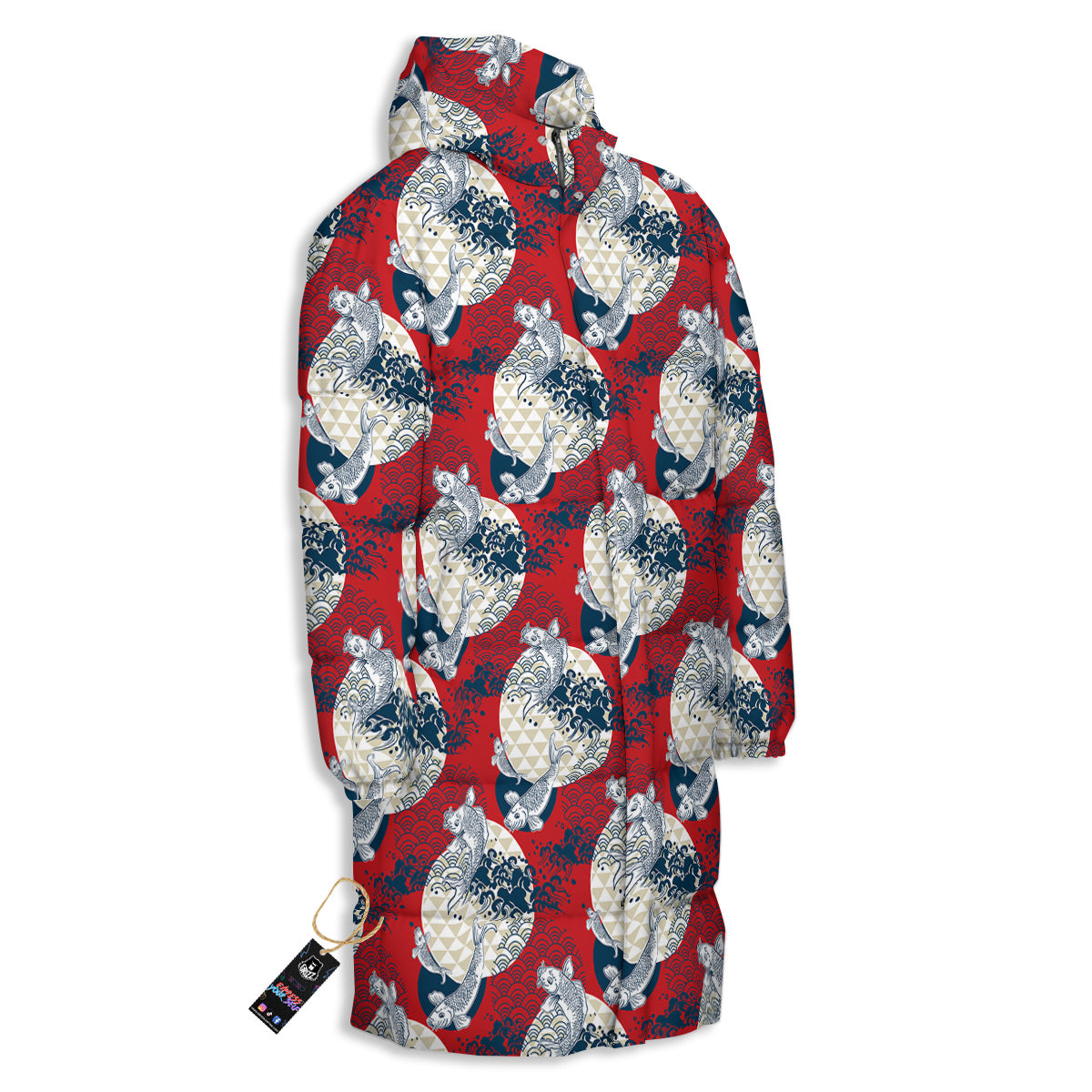 Koi Fish Japanese Wave Print Pattern Long Down Jacket