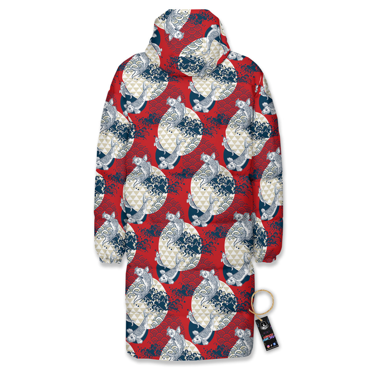 Koi Fish Japanese Wave Print Pattern Long Down Jacket