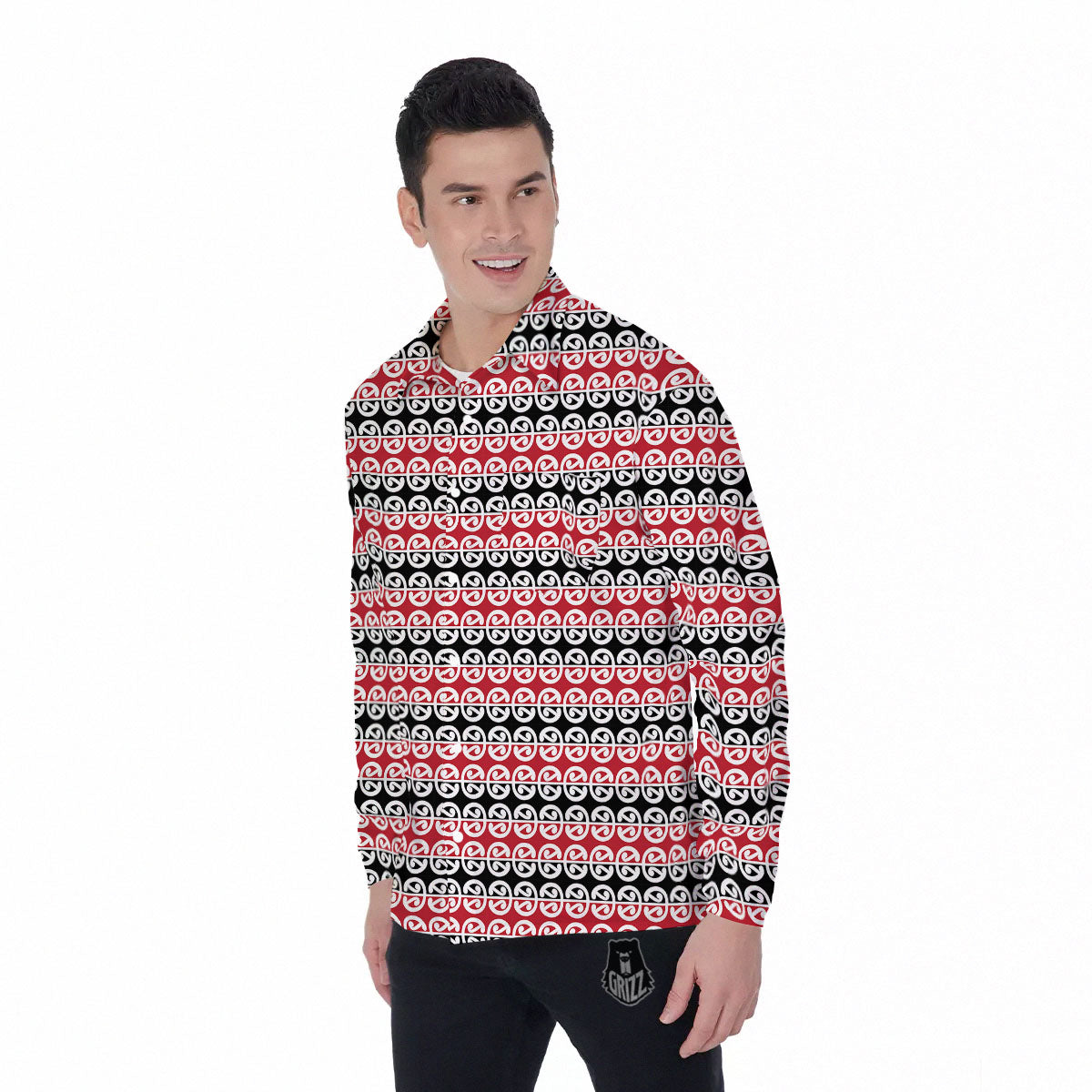 Kowhaiwhai Maori Print Pattern Men's Long Sleeve Shirts-grizzshop