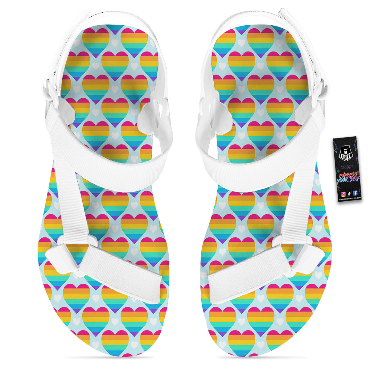 LGBT Heart Rainbow Print Pattern White Open Toe Sandals-grizzshop
