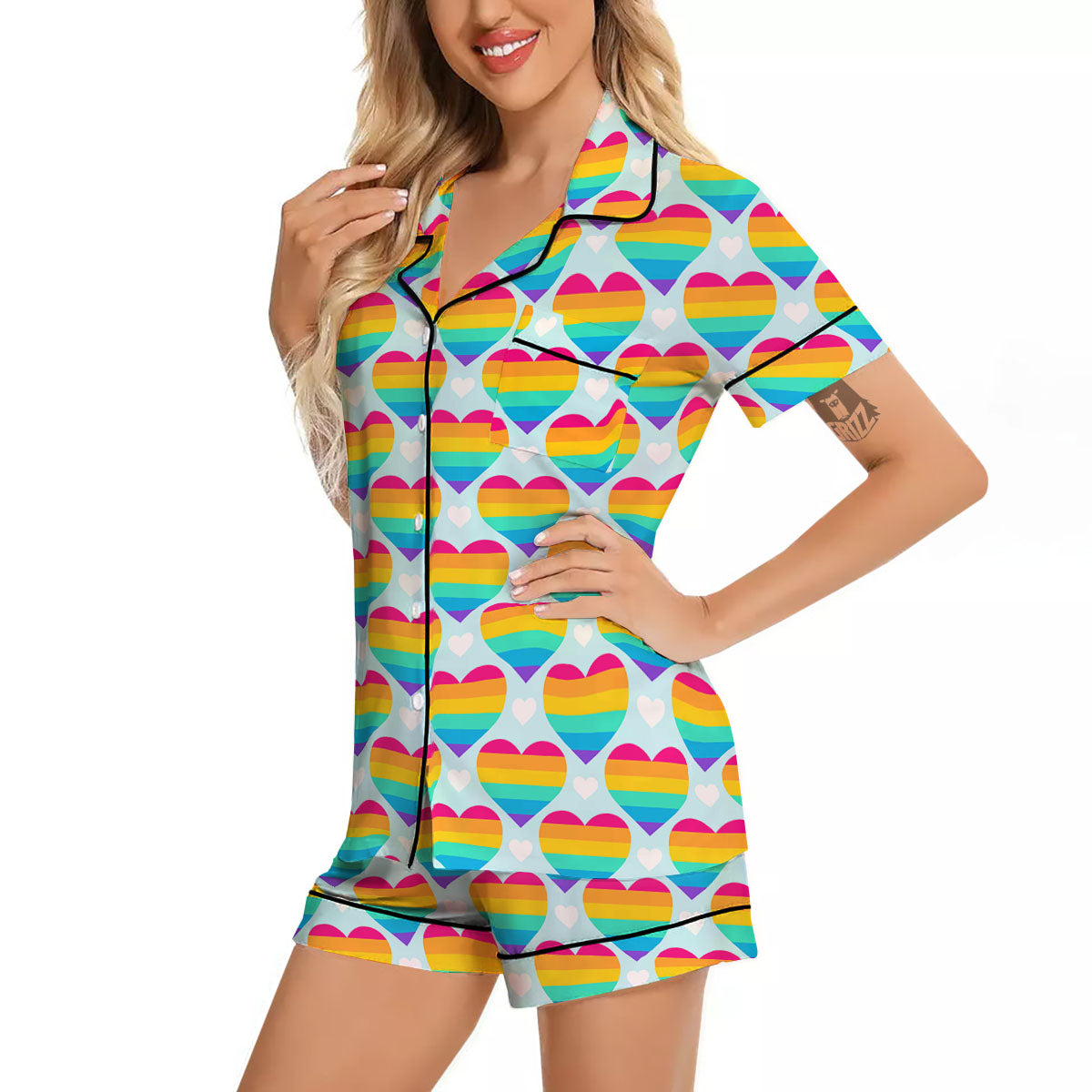 LGBT Heart Rainbow Print Pattern Women Silk Pajamas-grizzshop
