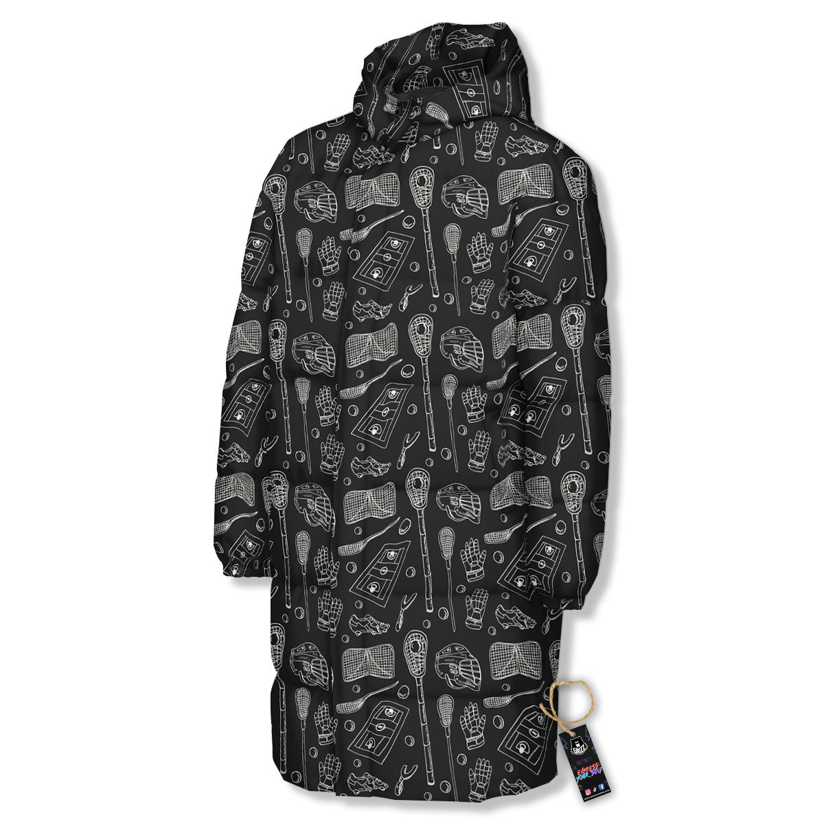 Lacrosse Doodle Print Pattern Long Down Jacket-grizzshop