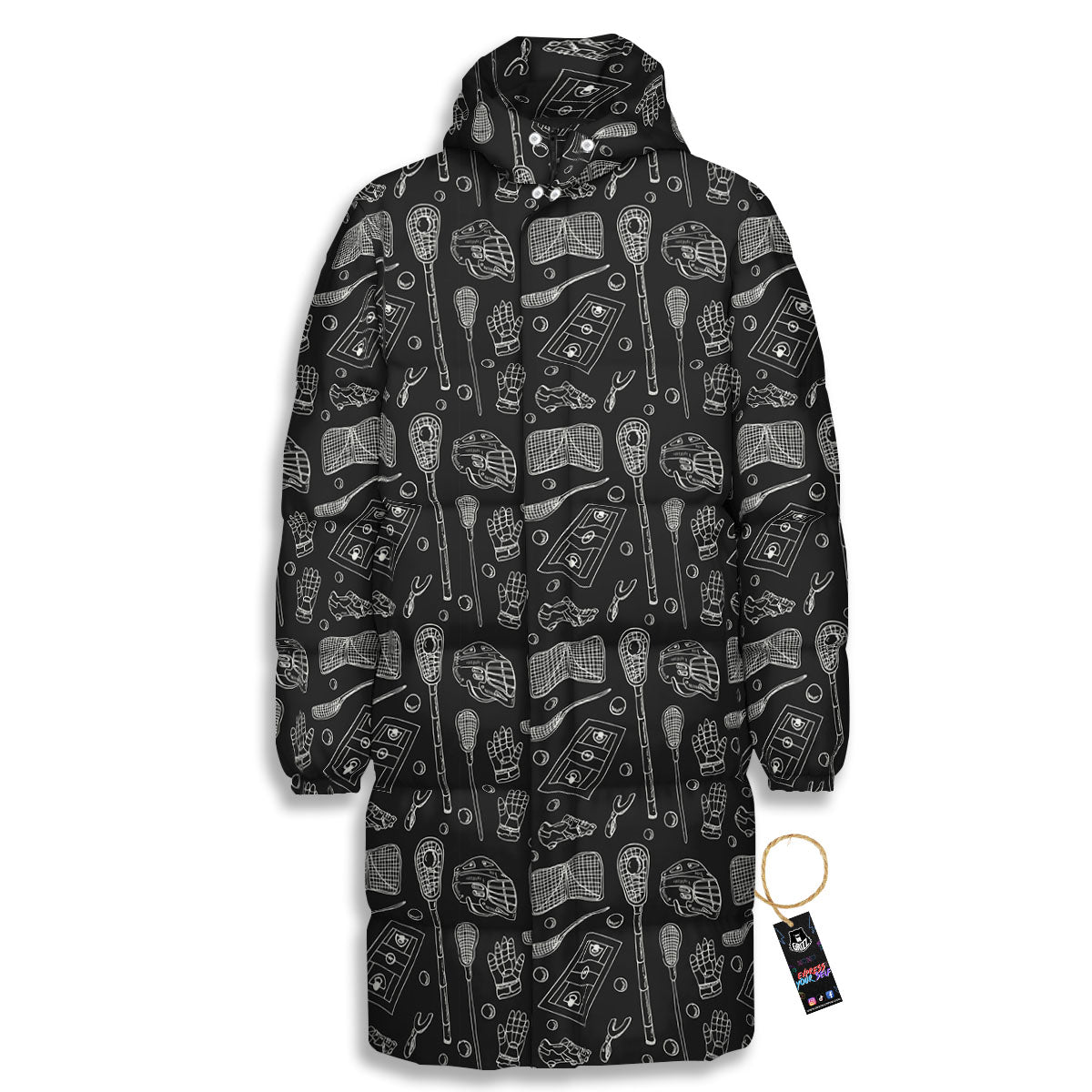 Lacrosse Doodle Print Pattern Long Down Jacket-grizzshop
