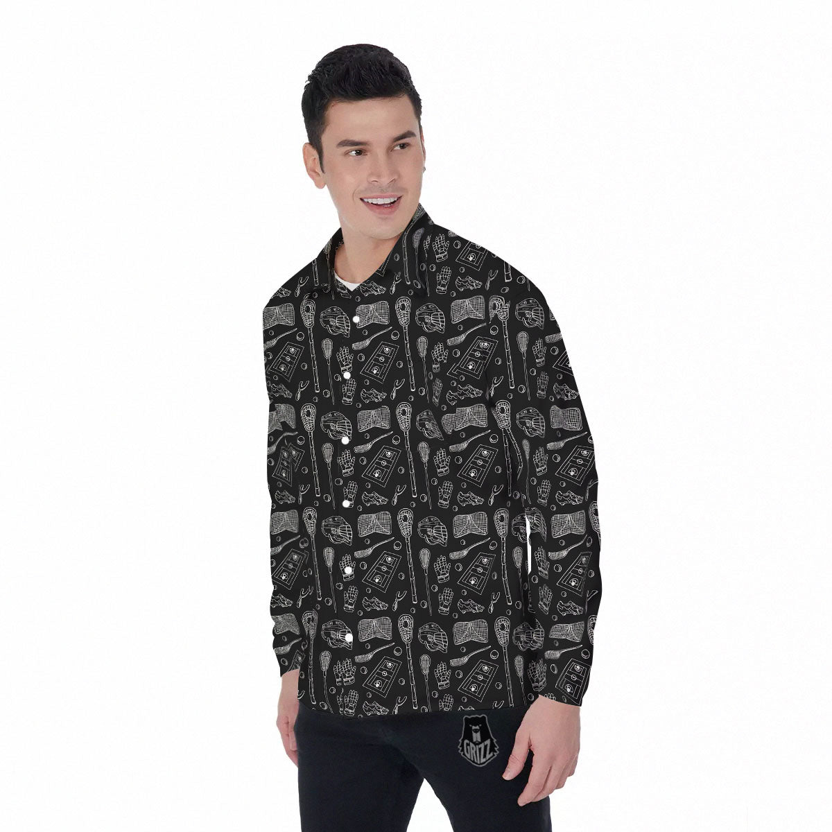 Lacrosse Doodle Print Pattern Men's Long Sleeve Shirts-grizzshop
