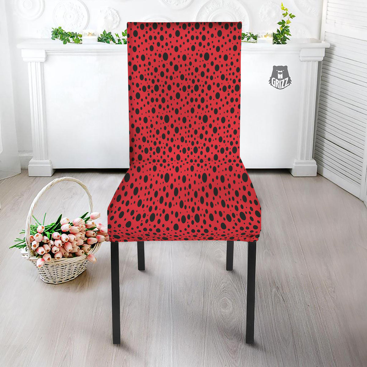 Ladybird Black Spots Print Pattern Dining Chair Slipcover-grizzshop
