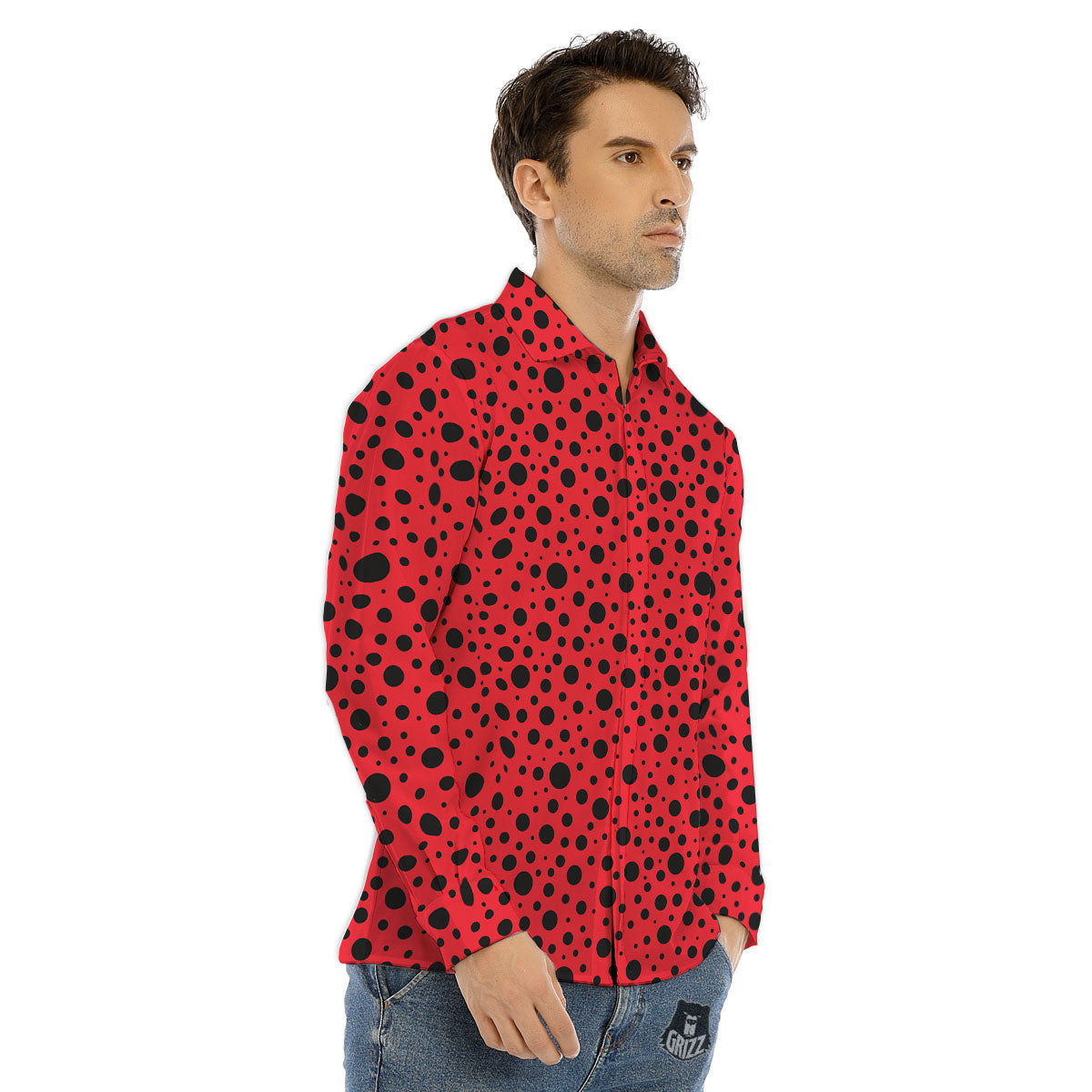 Ladybird Black Spots Print Pattern Men's Dress Shirts-grizzshop