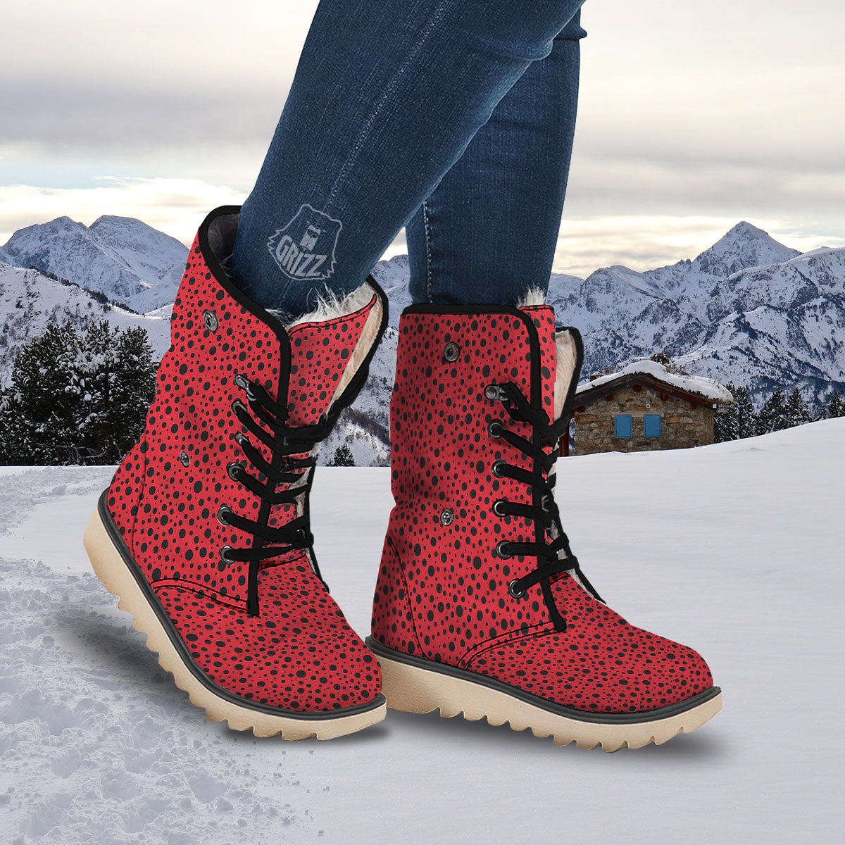 Ladybird Black Spots Print Pattern Snow Boots-grizzshop