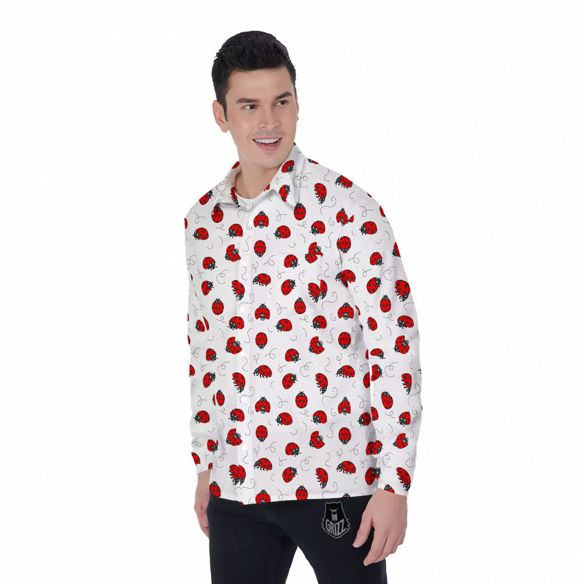 Ladybird Cartoon Print Pattern Men's Long Sleeve Shirts-grizzshop