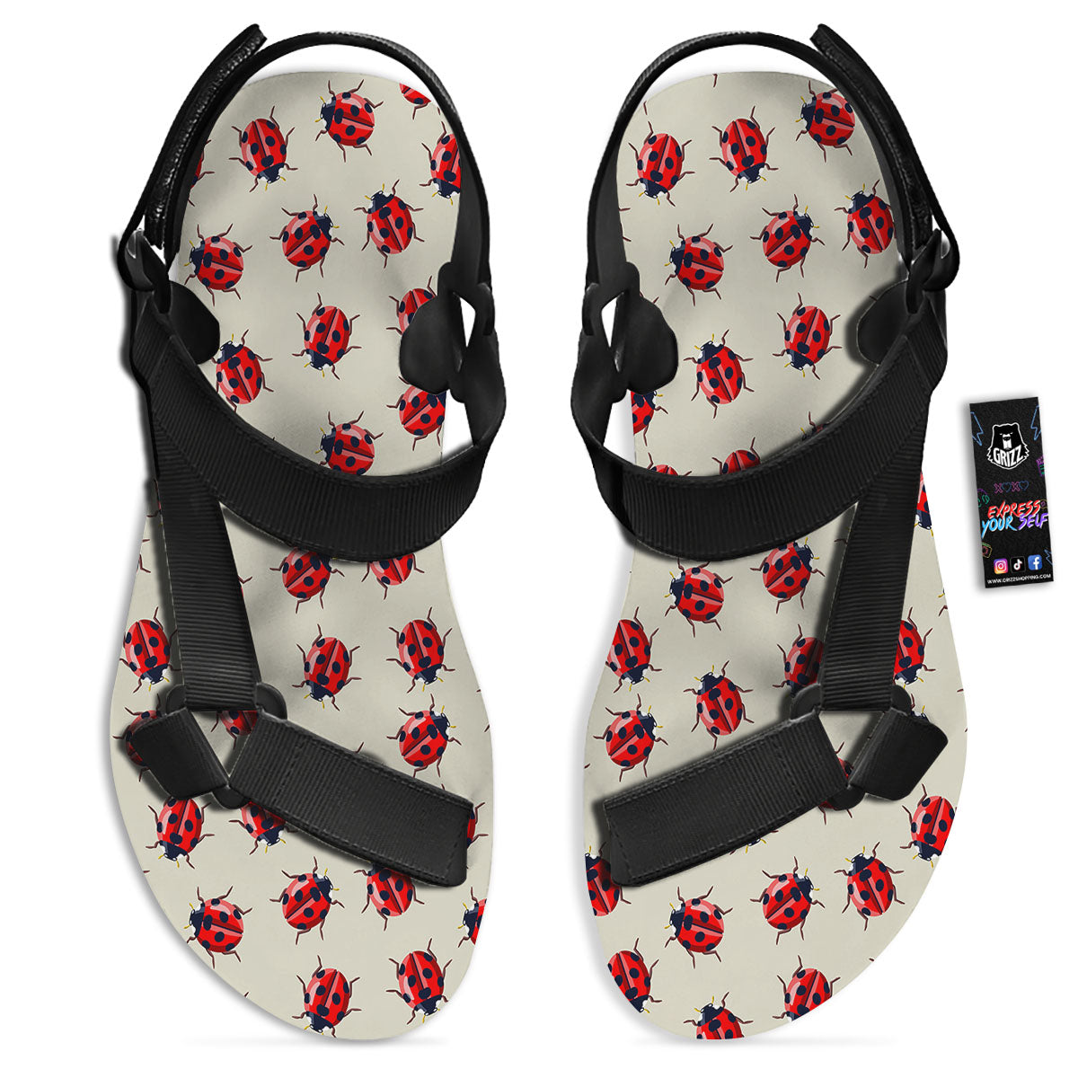 Ladybird Little Print Pattern Black Open Toe Sandals-grizzshop