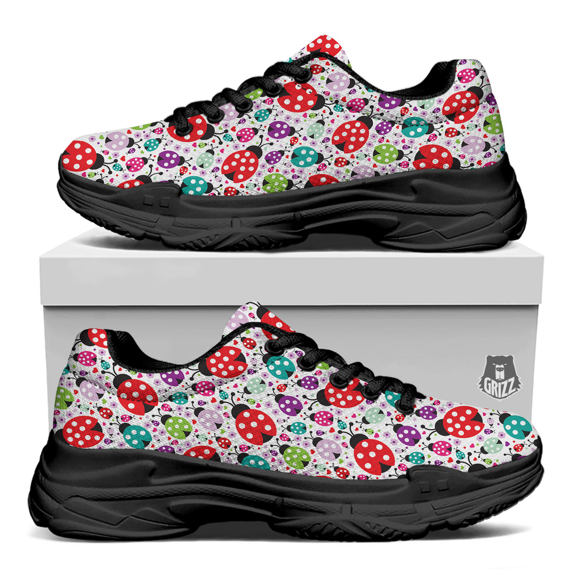 Ladybug Cute Print Pattern Black Chunky Shoes-grizzshop