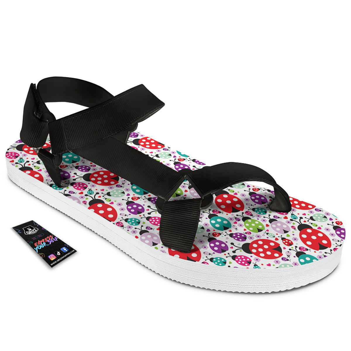 Ladybug Cute Print Pattern Black Open Toe Sandals-grizzshop