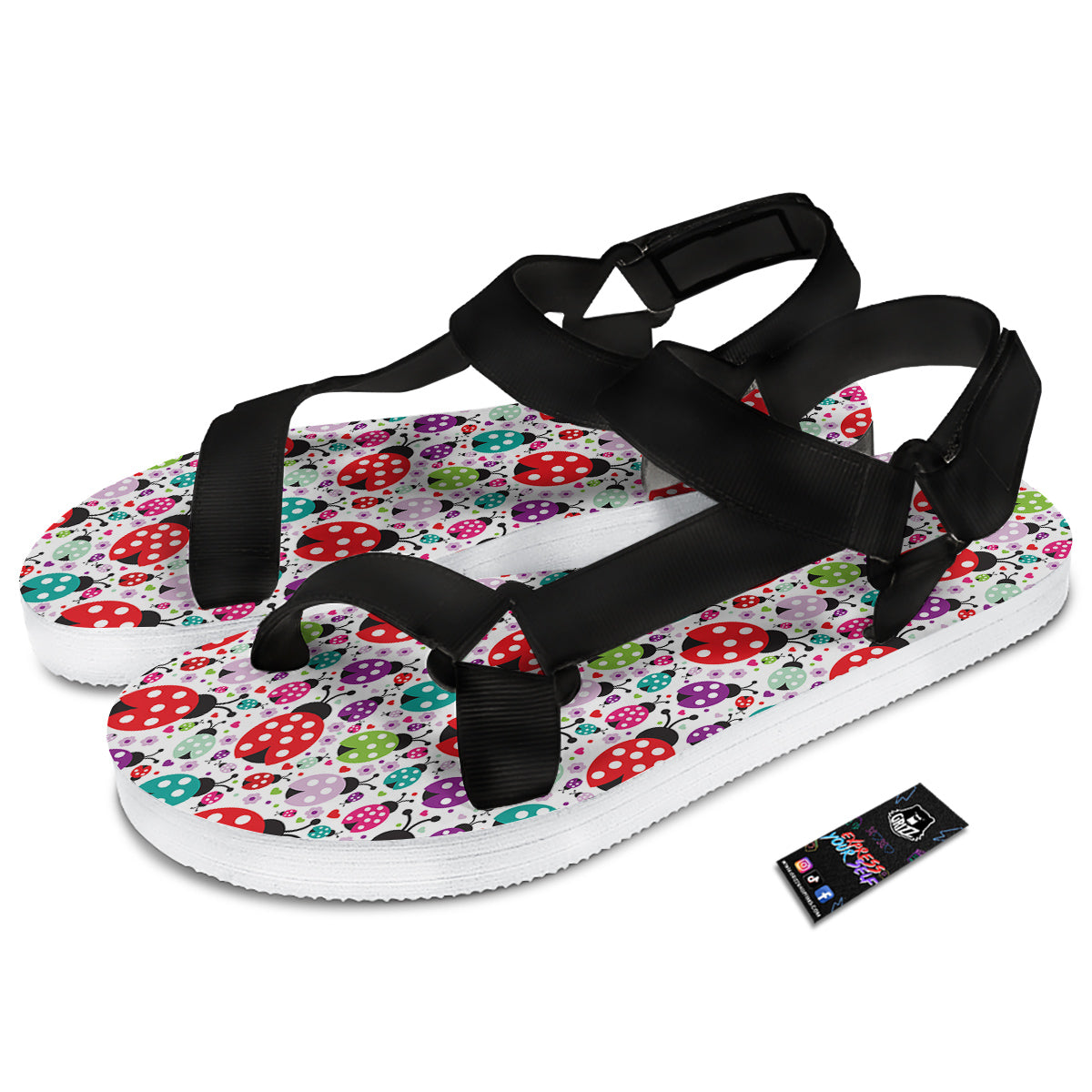 Ladybug Cute Print Pattern Black Open Toe Sandals-grizzshop