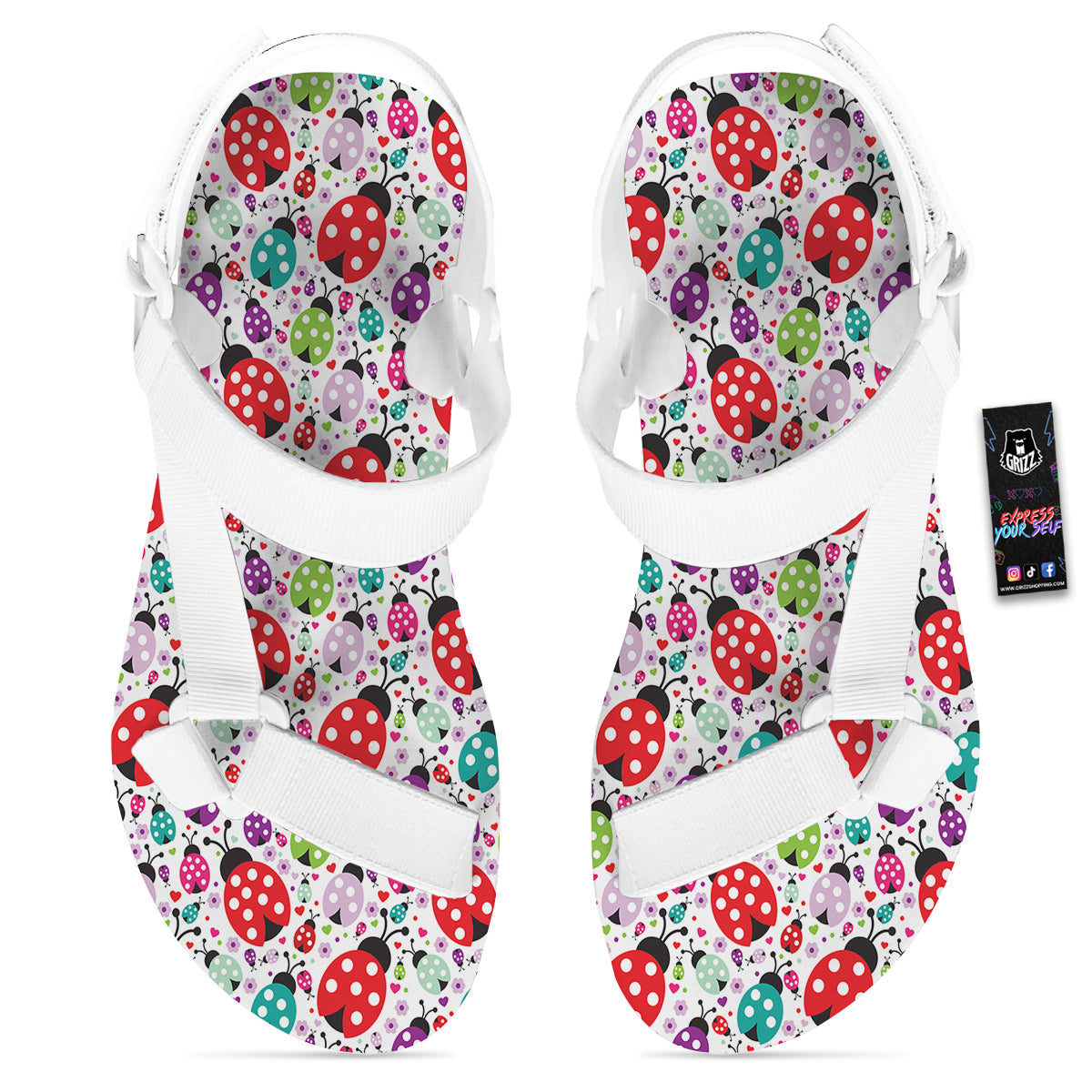 Ladybug Cute Print Pattern White Open Toe Sandals-grizzshop