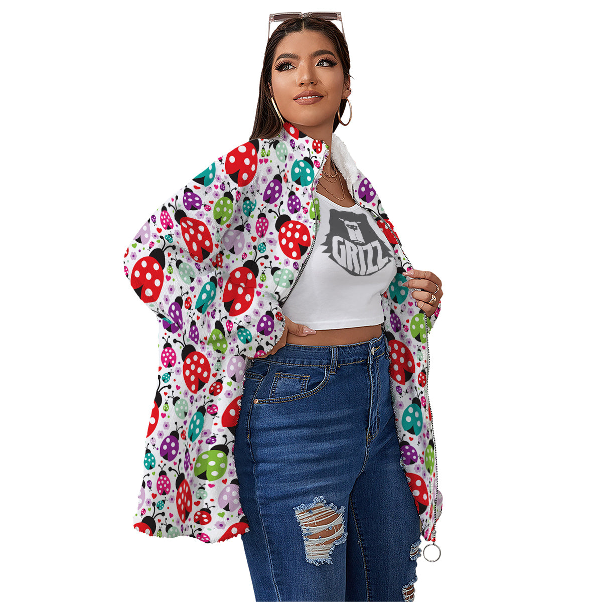 Ladybug Cute Print Pattern Women's Sherpa Jacket-grizzshop