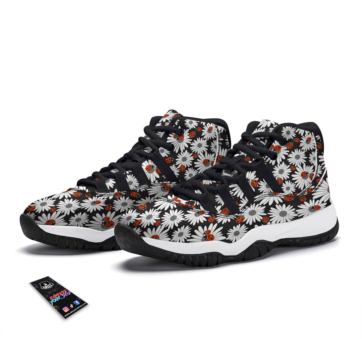 Ladybug Daisy Pattern Print Black Bball Shoes-grizzshop