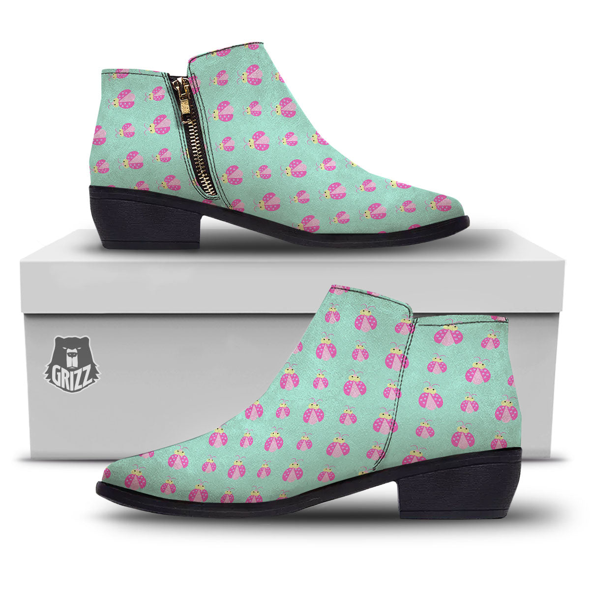 Ladybug Pink Print Pattern Ankle Boots-grizzshop