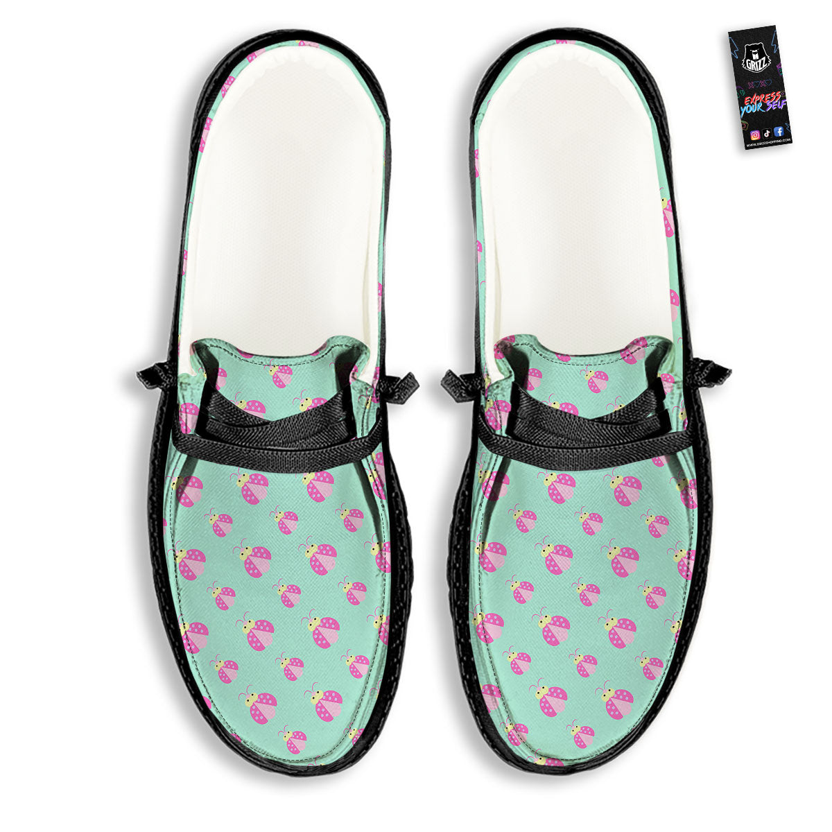 Ladybug Pink Print Pattern Black Loafers-grizzshop