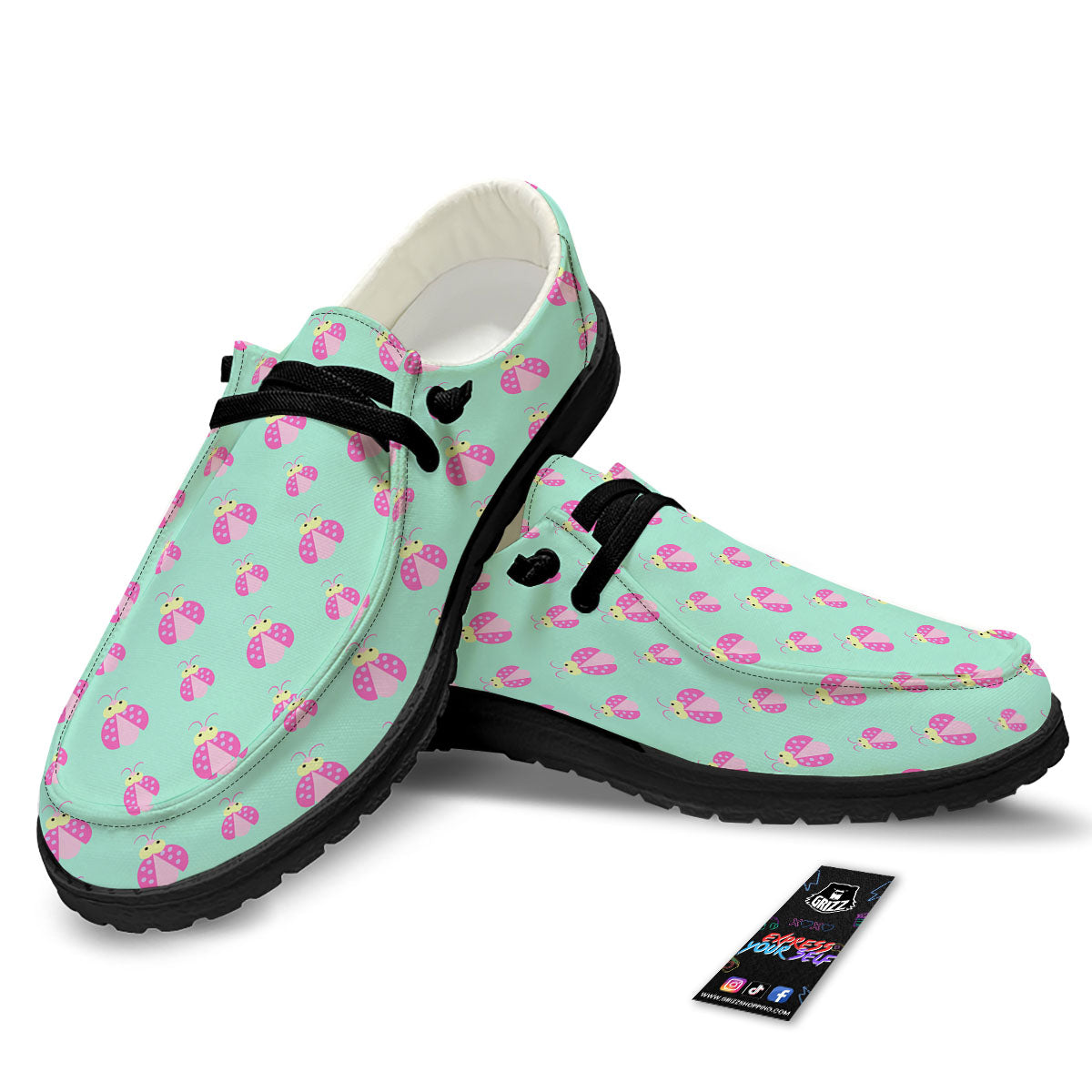 Ladybug Pink Print Pattern Black Loafers-grizzshop