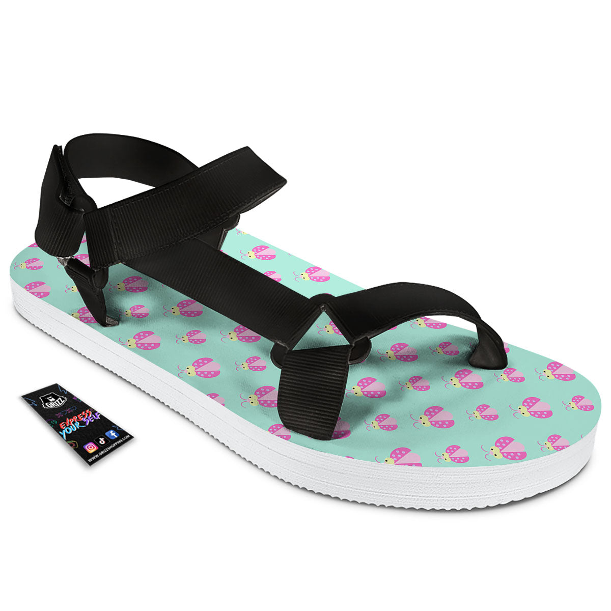 Ladybug Pink Print Pattern Black Open Toe Sandals-grizzshop