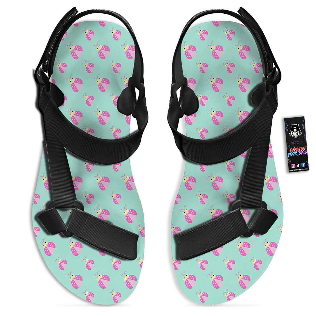 Ladybug Pink Print Pattern Black Open Toe Sandals-grizzshop