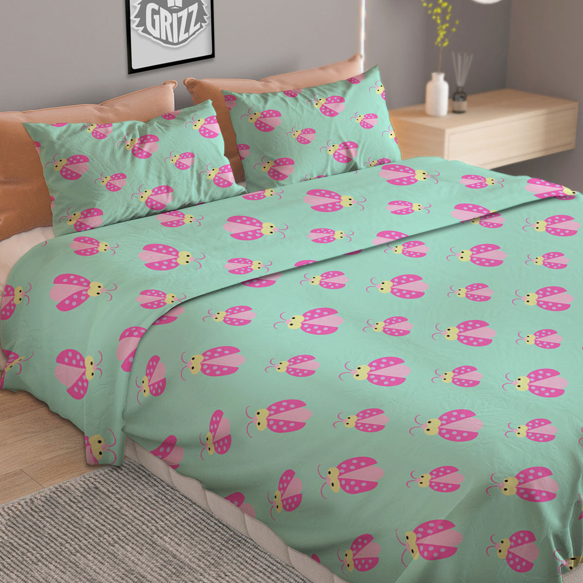 Ladybug Pink Print Pattern Duvet Cover Bedding Set-grizzshop