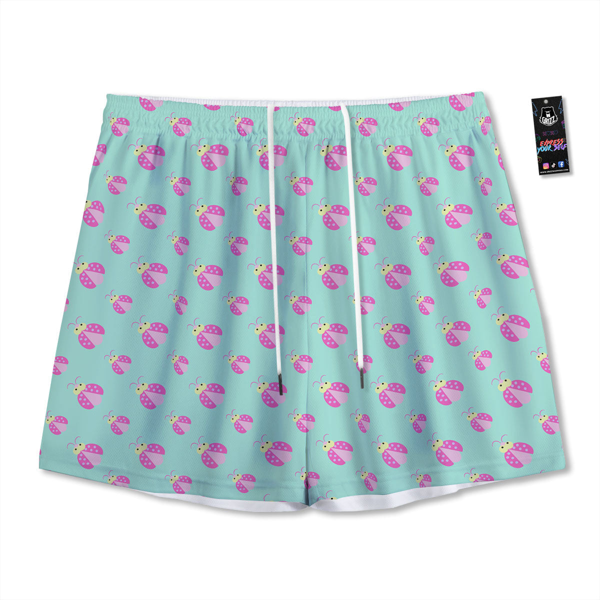 Ladybug Pink Print Pattern Mesh Shorts-grizzshop