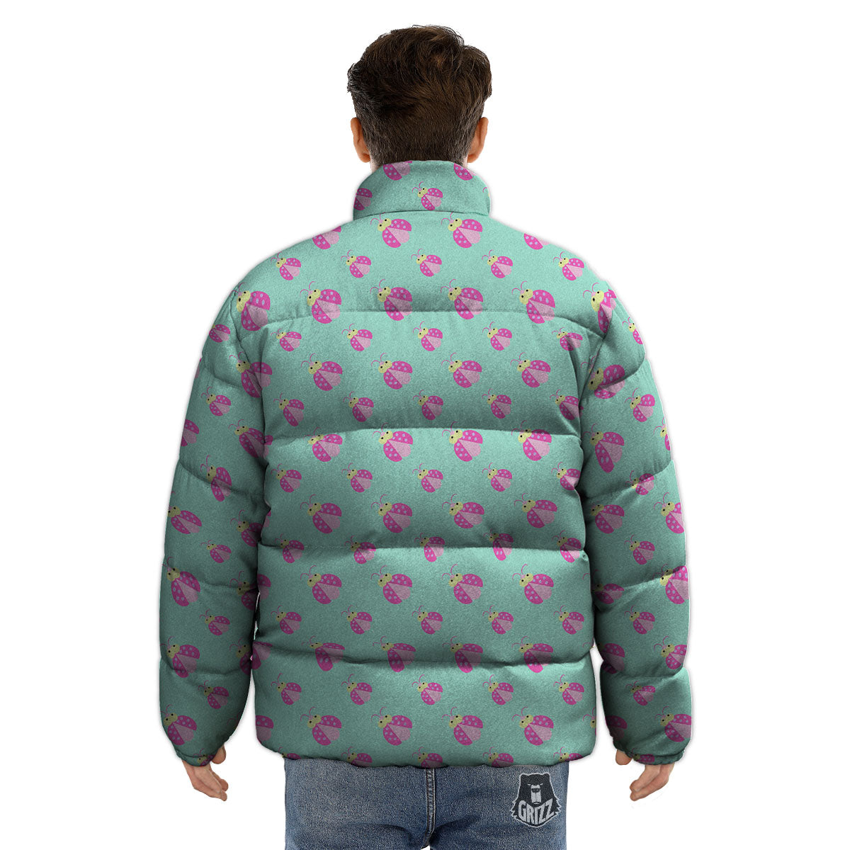 Ladybug Pink Print Pattern Puffer Jacket-grizzshop
