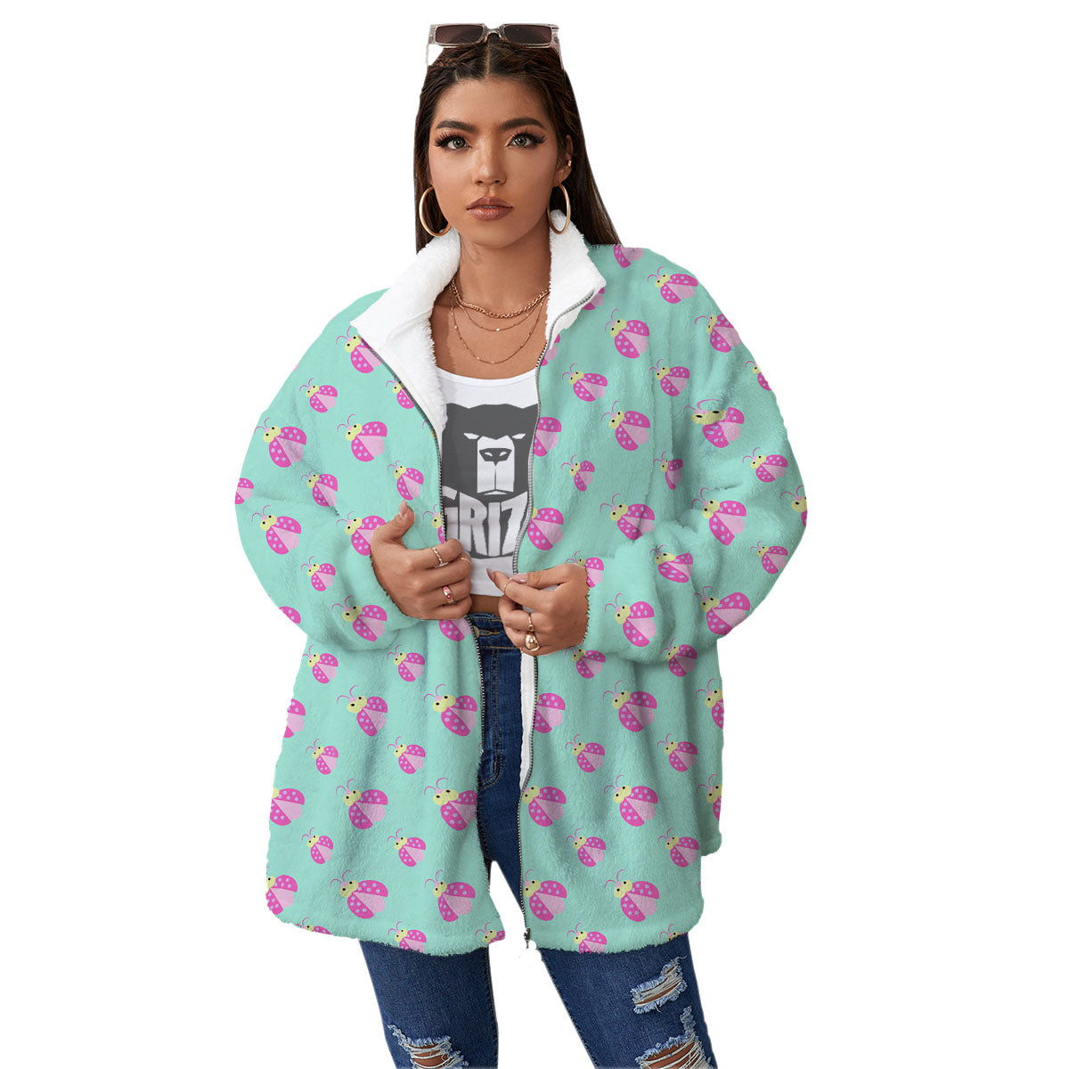 Ladybug Pink Print Pattern Women's Sherpa Jacket-grizzshop