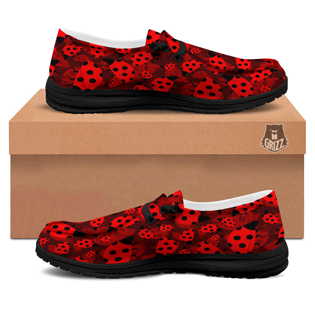 Ladybug Red Print Pattern Black Loafers-grizzshop