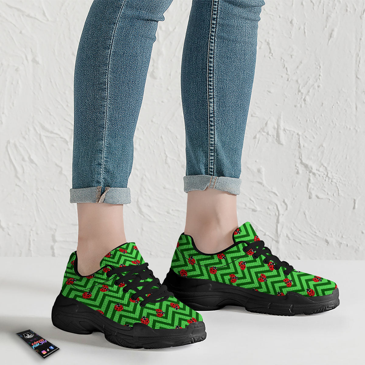 Ladybug Zigzag Green Pattern Black Chunky Shoes-grizzshop
