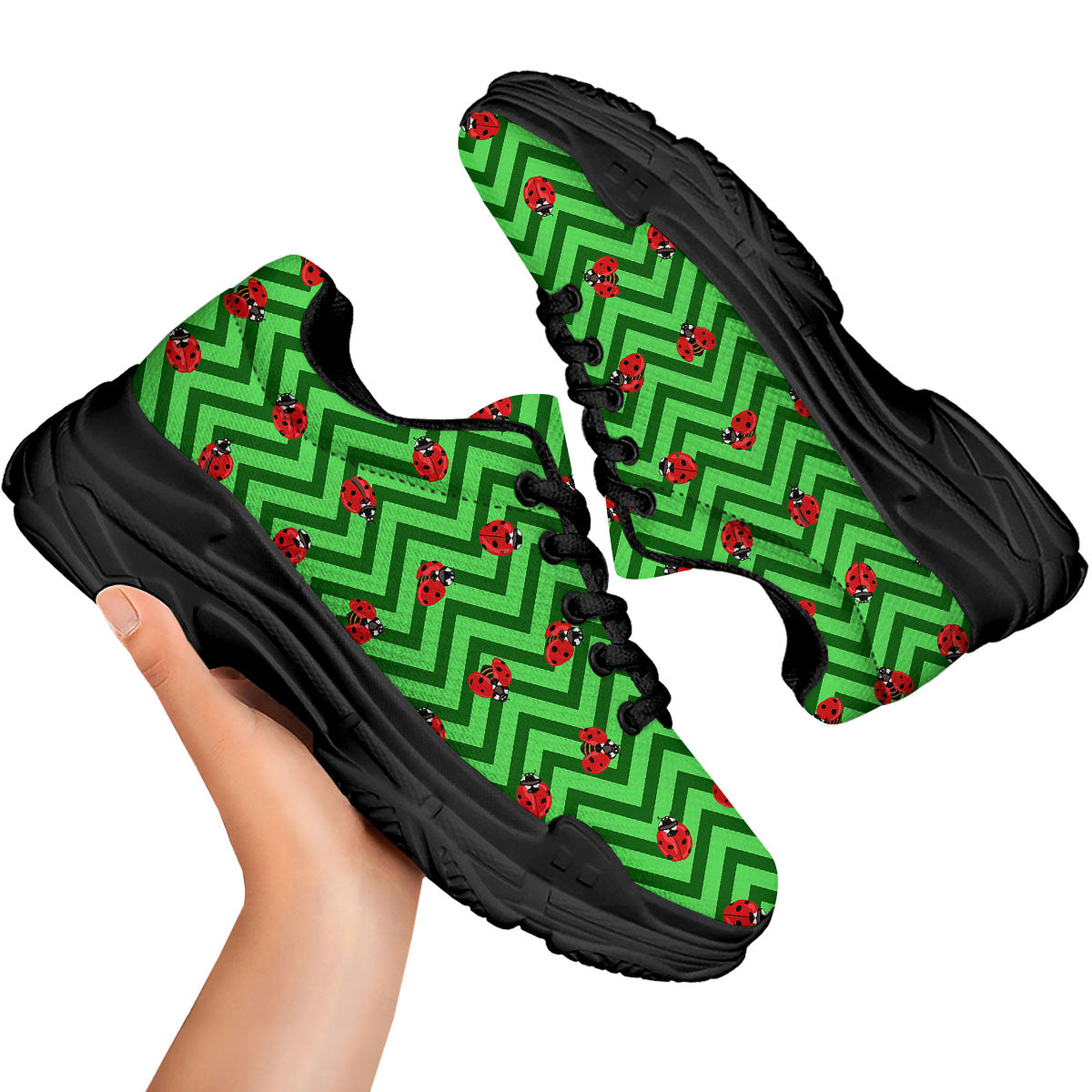 Ladybug Zigzag Green Pattern Black Chunky Shoes-grizzshop