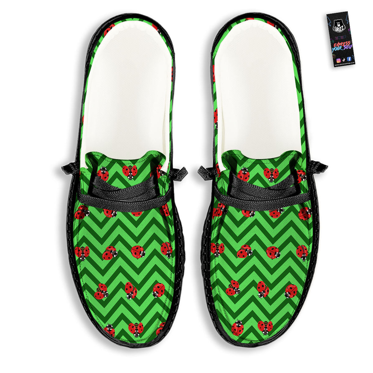 Ladybug Zigzag Green Pattern Black Loafers-grizzshop