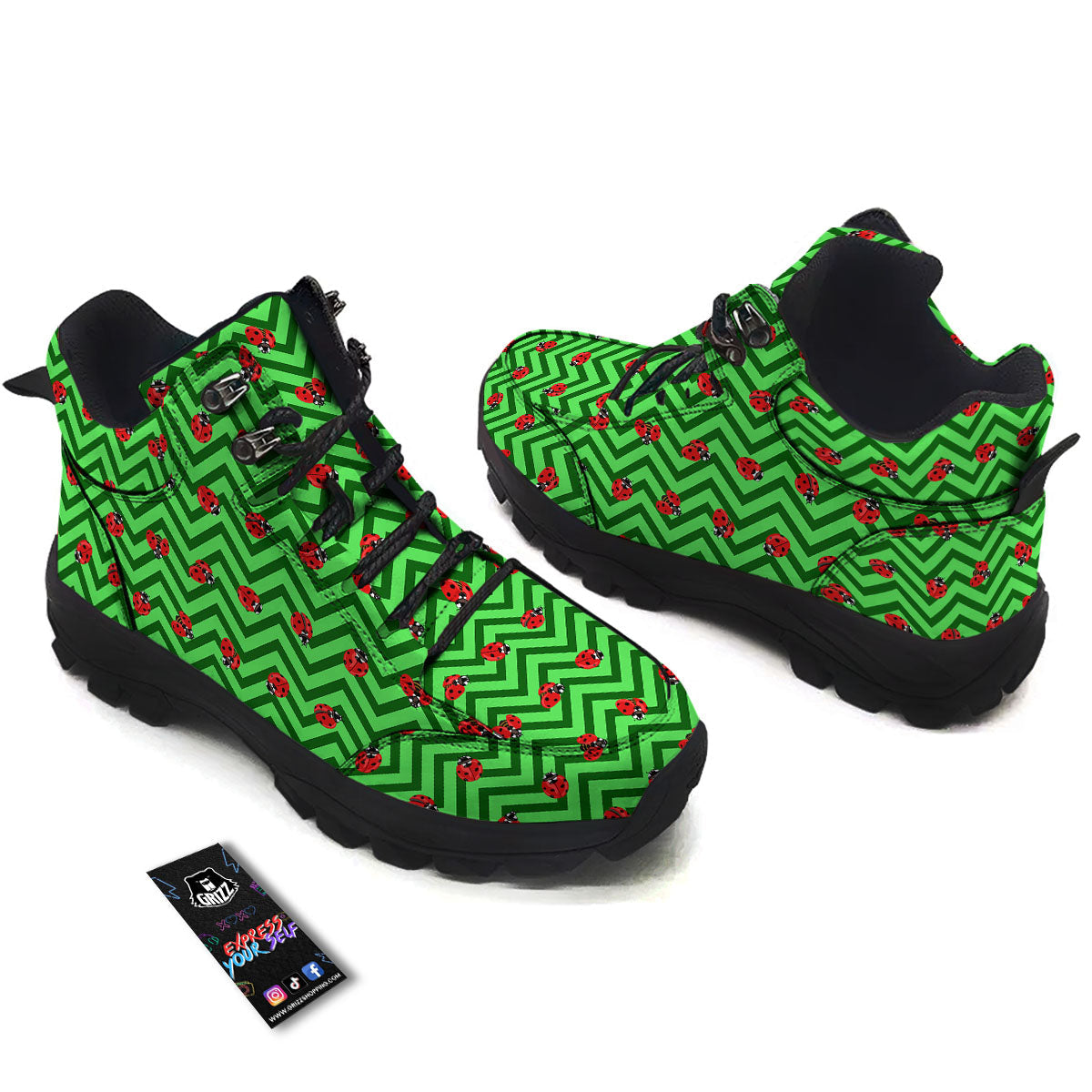 Ladybug Zigzag Green Pattern Hiking Shoes-grizzshop