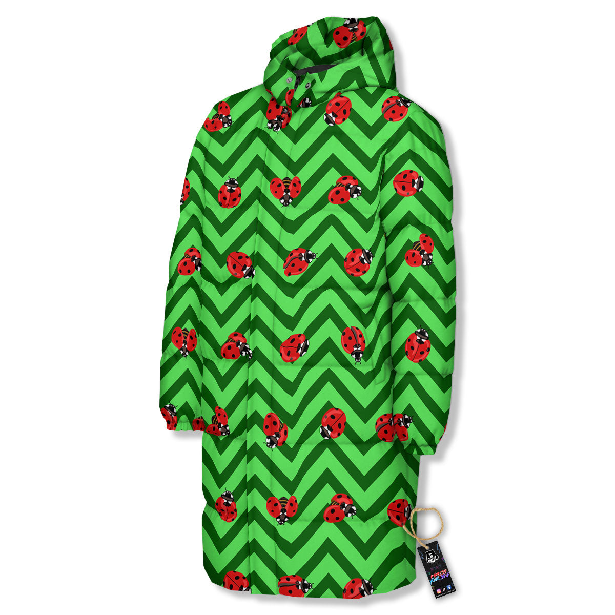 Ladybug Zigzag Green Pattern Long Down Jacket-grizzshop