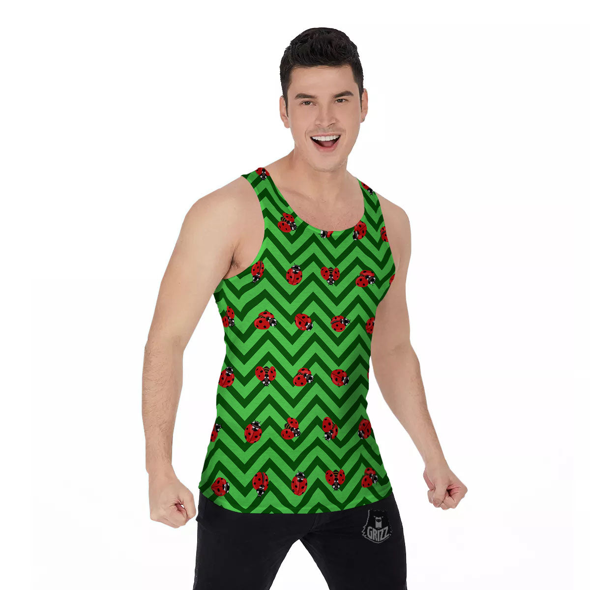 Ladybug Zigzag Green Pattern Men's Tank Top-grizzshop