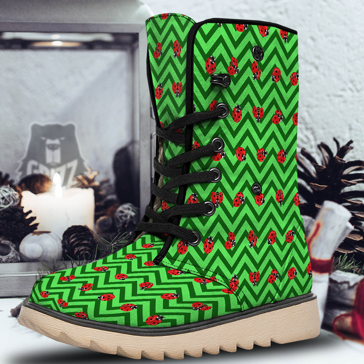 Ladybug Zigzag Green Pattern Snow Boots-grizzshop