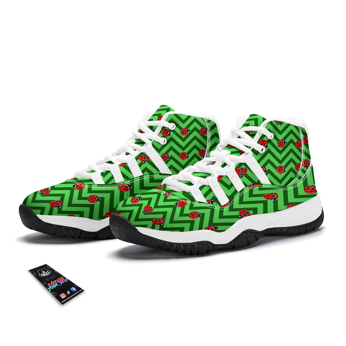 Ladybug Zigzag Green Pattern White Bball Shoes-grizzshop